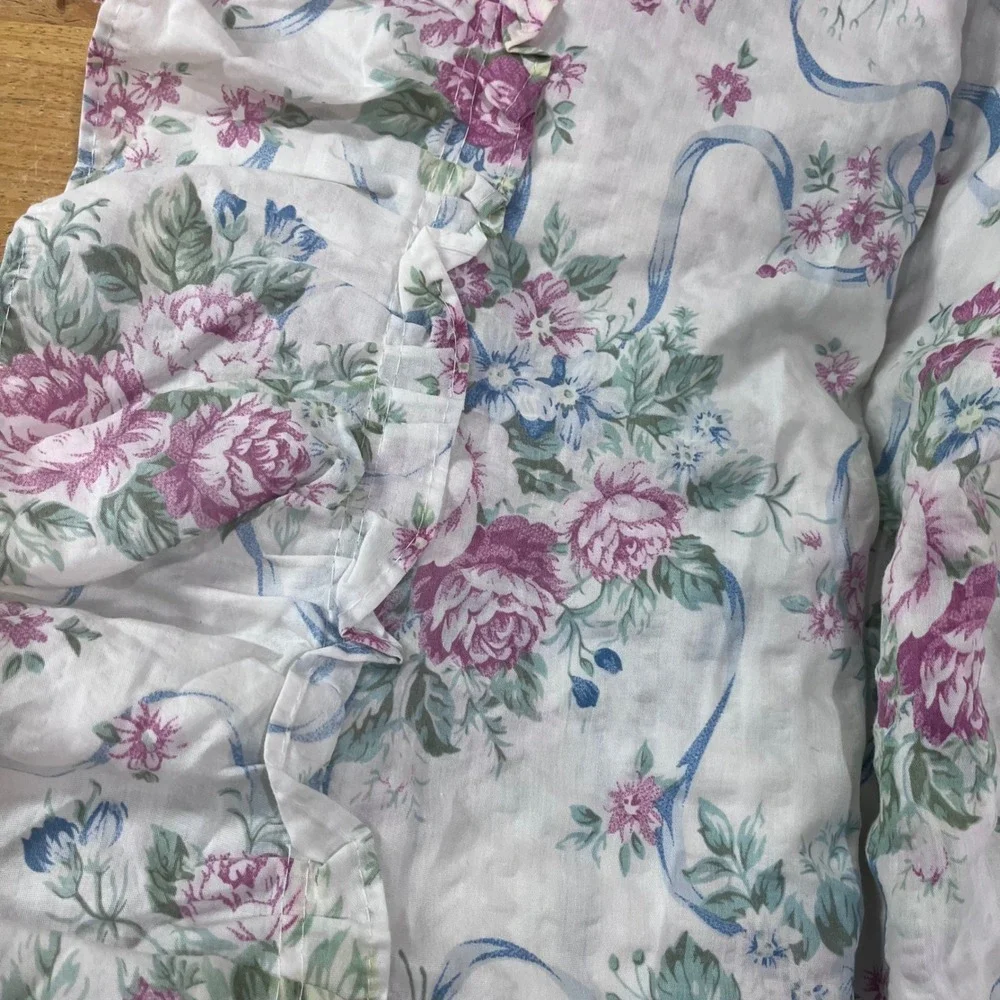 Vtg Floral Rose Ribbon Ruffle Curtain Panels Set 2 42x84 Tie Backs Cottagecore